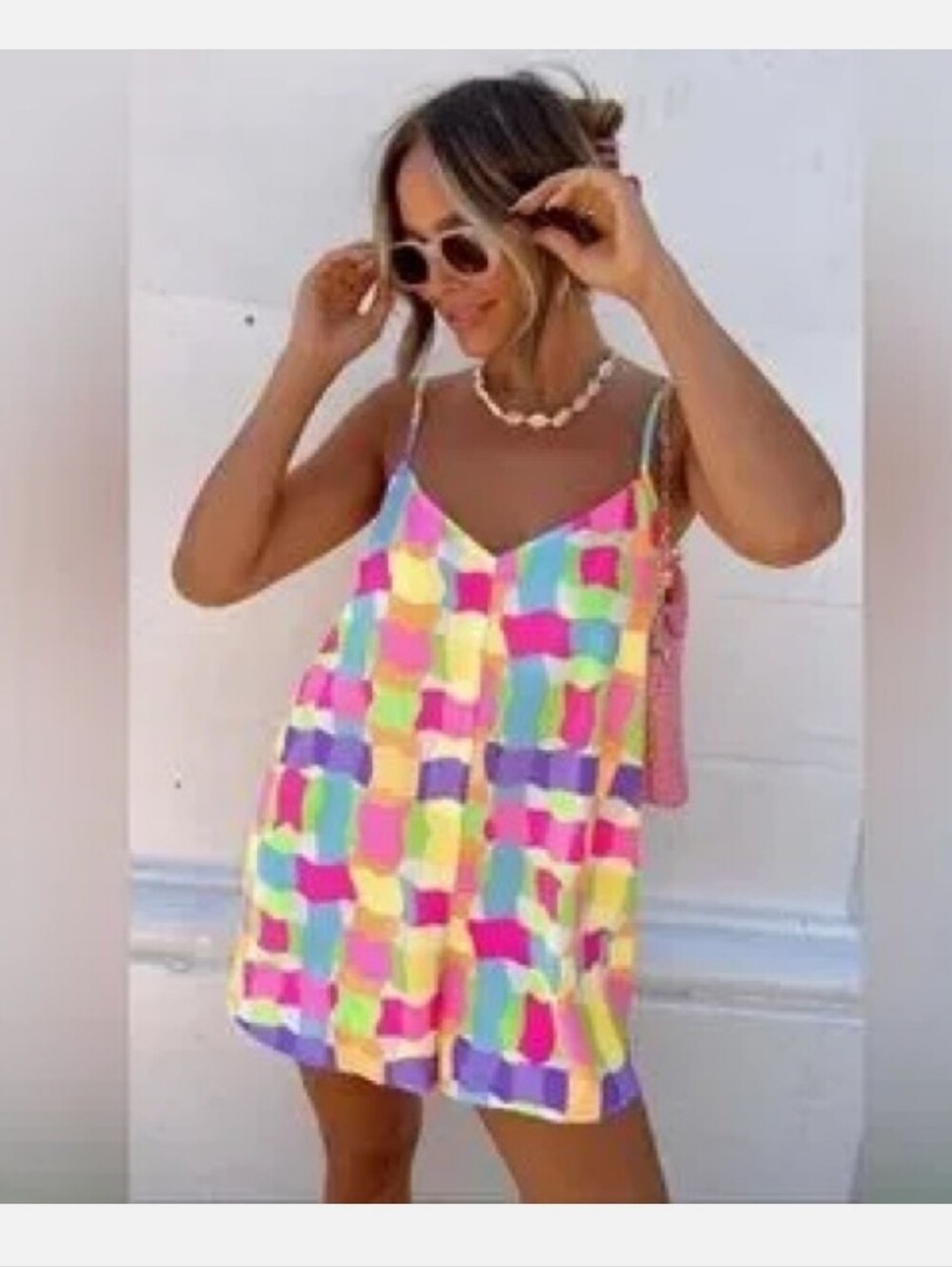 Mumu Colorful Romper Short Summer Womens Squares Vacation Size Large